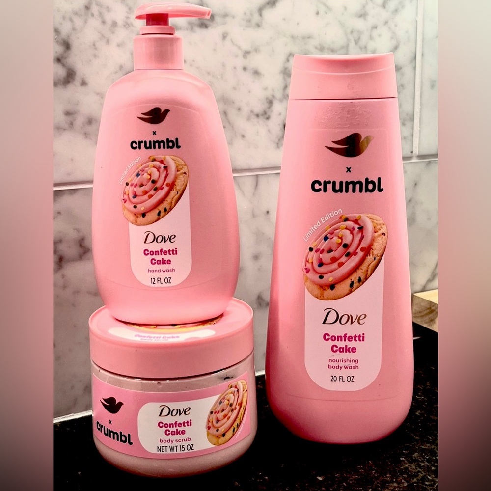 Dove x Crumbl Confetti set; Body Wash, Scrub, & Hand Soap NEW